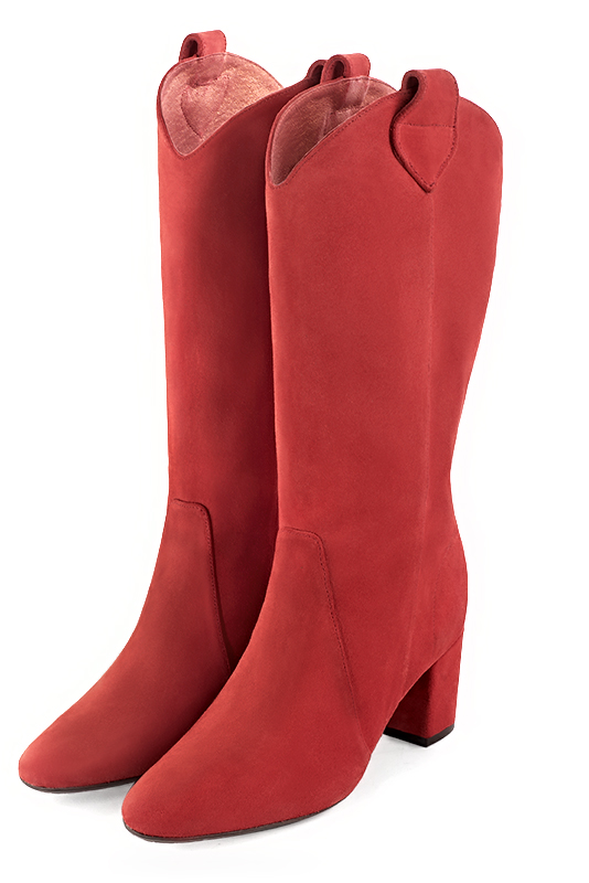 Scarlet red women's mid-calf boots. Round toe. Medium block heels. Made to measure. Front view - Florence KOOIJMAN